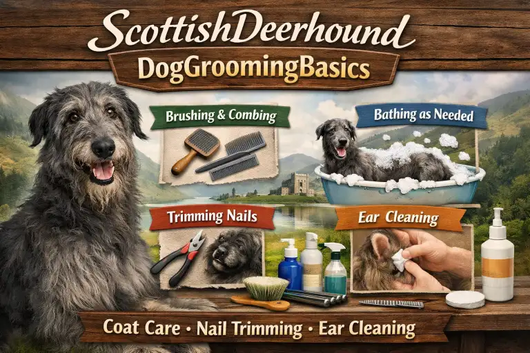 Scottish Deerhound dog being brushed, showing its rough coat texture and grooming needs