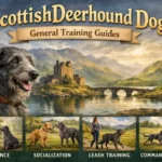 Scottish Deerhound dog walking calmly with its owner, demonstrating gentle temperament and leash training