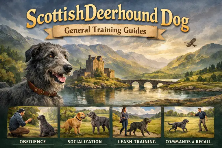 Scottish Deerhound dog walking calmly with its owner, demonstrating gentle temperament and leash training