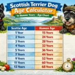 Scottish Terrier dog age chart showing dog years to human years conversion and life stages