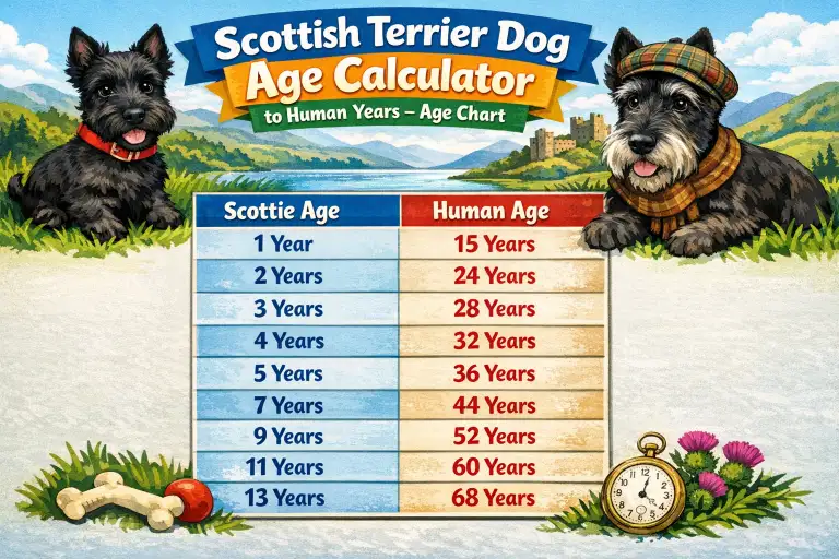 Scottish Terrier dog age chart showing dog years to human years conversion and life stages