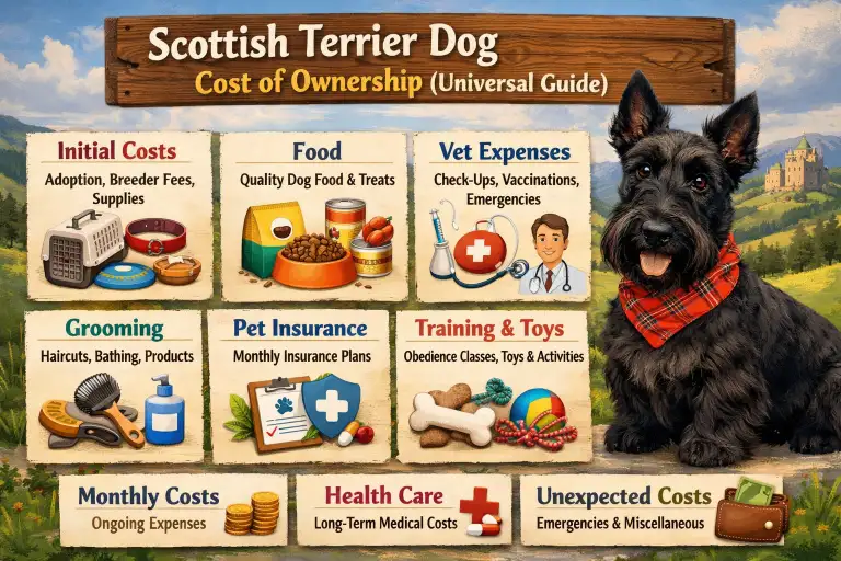 Scottish Terrier cost of ownership guide showing puppy price, monthly expenses, grooming costs, vet bills, and lifetime budget planning
