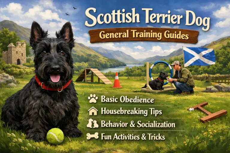 Scottish Terrier training methods guide showing obedience, house training, leash manners, recall, and behavior tips for Scottie owners