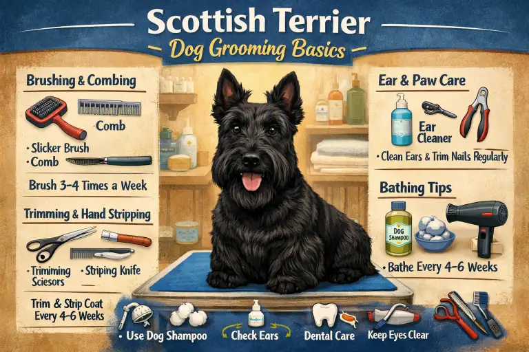 Scottish Terrier grooming tips showing coat care, brushing, trimming, bathing, and mat prevention for a healthy Scottie coat