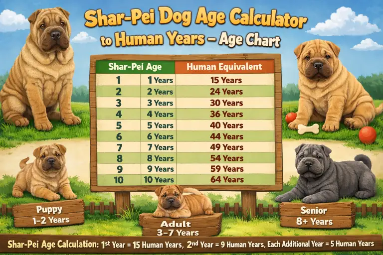 Shar-Pei dog at different life stages from puppy to senior, illustrating age progression for dog-to-human year comparison