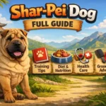 Adult Shar-Pei dog with deep facial wrinkles and a short bristly coat standing alert, showing the breed’s compact build and calm expression