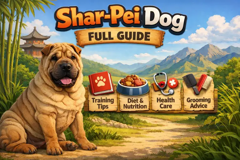 Adult Shar-Pei dog with deep facial wrinkles and a short bristly coat standing alert, showing the breed’s compact build and calm expression