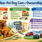 Shar-Pei dog at home with food, grooming tools, and veterinary items nearby, representing ongoing cost of ownership