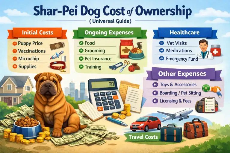 Shar-Pei dog at home with food, grooming tools, and veterinary items nearby, representing ongoing cost of ownership