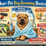 Shar-Pei dog with a short coat being gently brushed, highlighting skin folds, coat texture, and basic grooming care