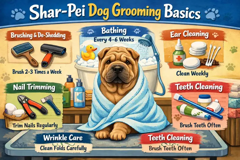 Shar-Pei dog with a short coat being gently brushed, highlighting skin folds, coat texture, and basic grooming care