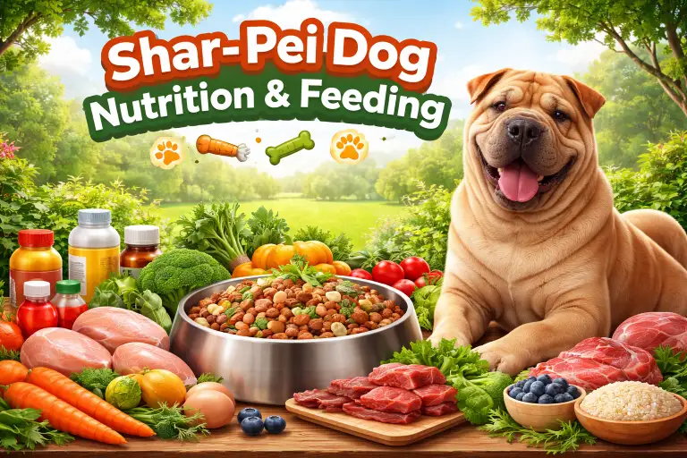 Shar-Pei dog eating balanced dog food from a bowl, showing proper portion size and healthy feeding routine