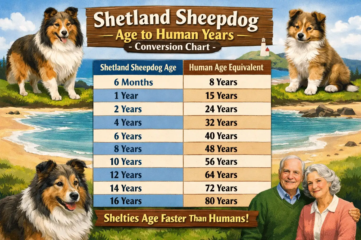 Shetland Sheepdog age chart showing Sheltie age in human years by life stage