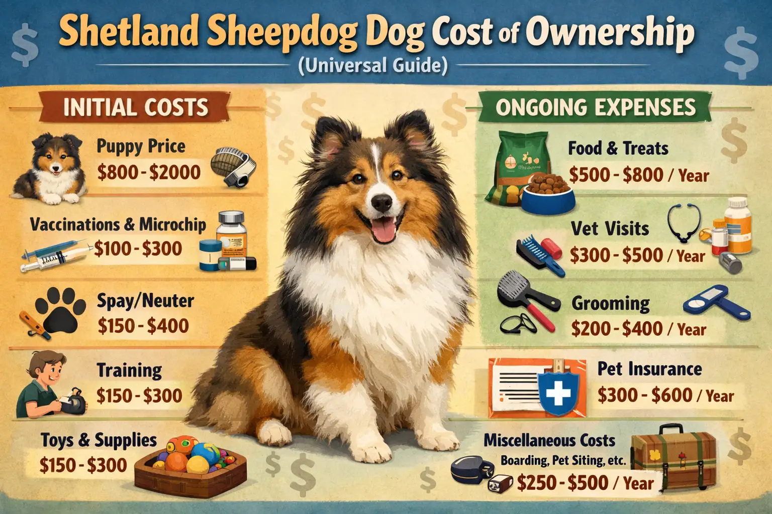 Shetland Sheepdog representing the cost of ownership, including grooming, food, vet care, and lifetime expenses