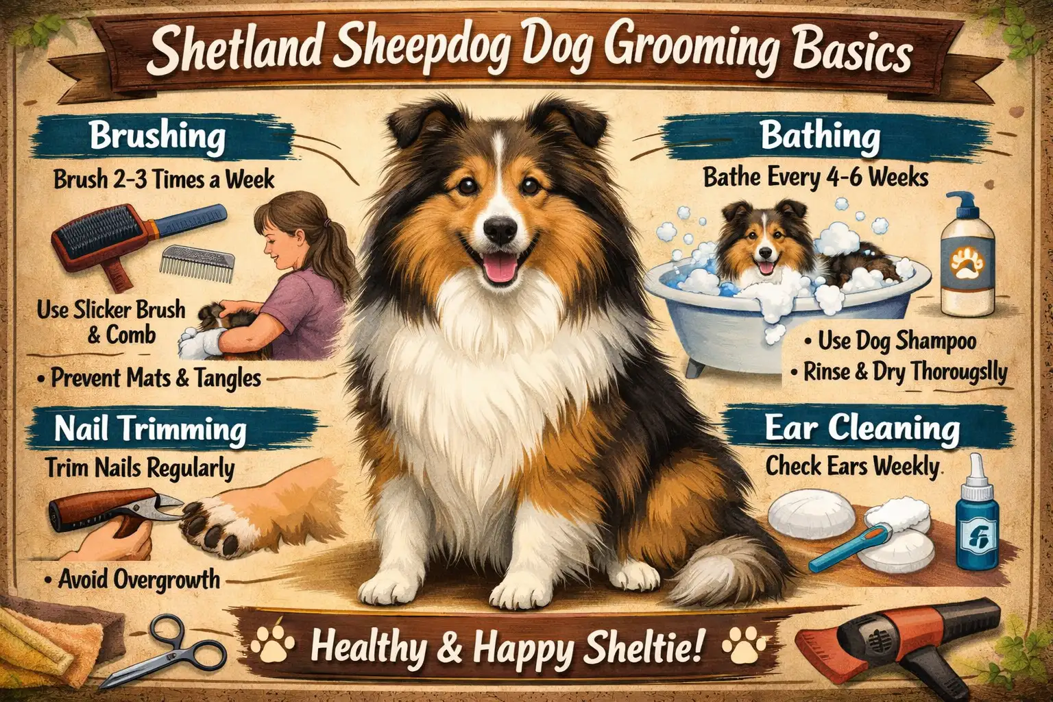 Shetland Sheepdog being brushed during grooming to care for its thick double coat