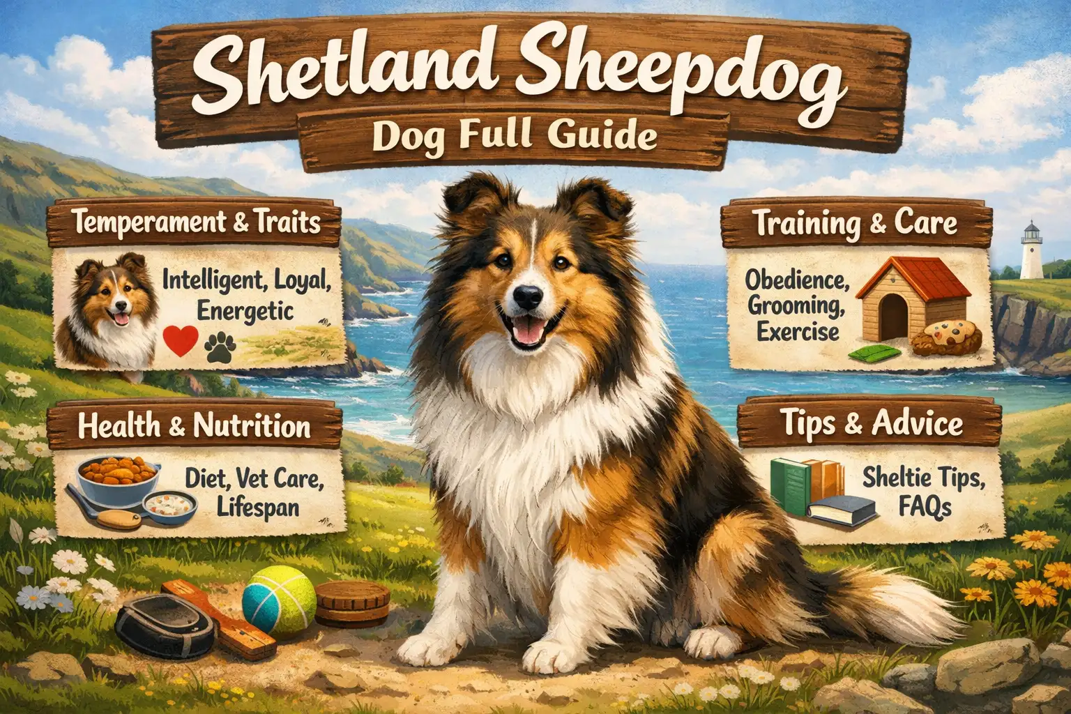 Shetland Sheepdog standing in a grassy field showing its thick double coat, alert expression, and friendly Sheltie temperament