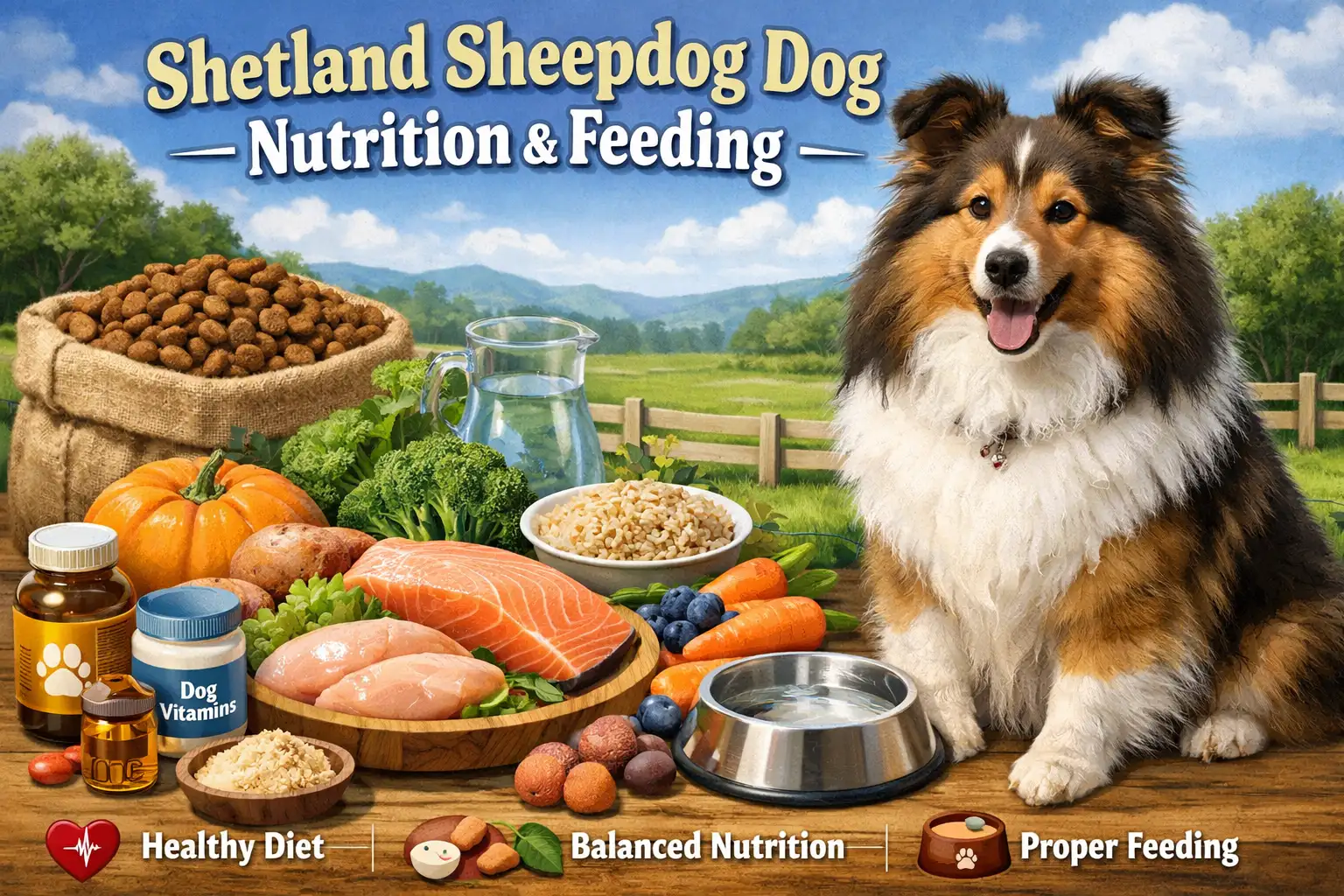Shetland Sheepdog eating healthy food for proper Sheltie nutrition and feeding