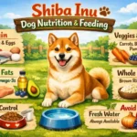 Shiba Inu dog eating from a bowl indoors, representing balanced nutrition for a small, active spitz breed