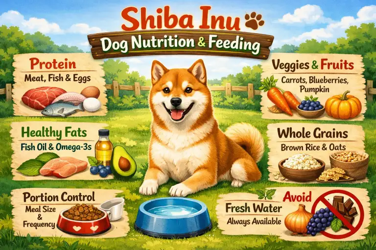 Shiba Inu dog eating from a bowl indoors, representing balanced nutrition for a small, active spitz breed