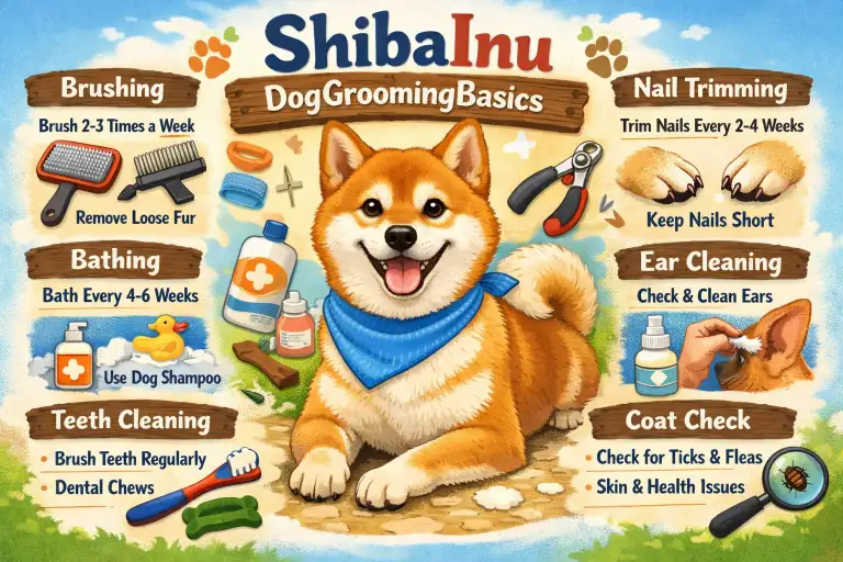 Close-up of a Shiba Inu’s thick double coat being brushed, showing seasonal shedding and coat texture