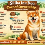 Shiba Inu dog relaxing at home with toys and feeding bowls nearby, symbolizing everyday care and ownership expenses