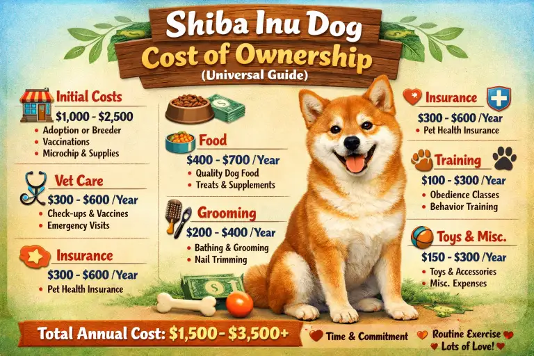 Shiba Inu dog relaxing at home with toys and feeding bowls nearby, symbolizing everyday care and ownership expenses