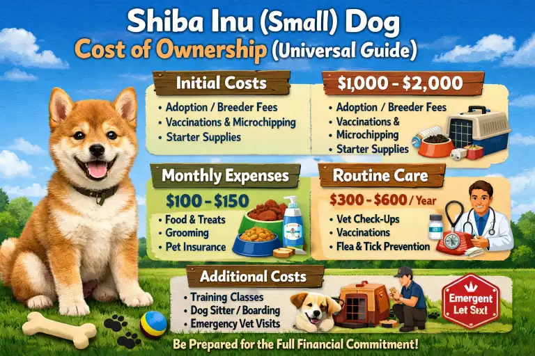 Shiba Inu dog cost of ownership guide showing puppy price, monthly expenses, vet bills, food costs, grooming, insurance and lifetime budget