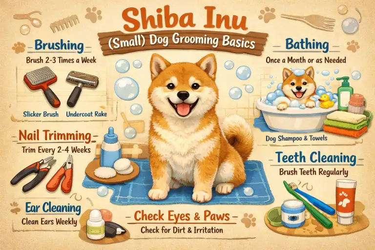 Shiba Inu grooming guide showing coat care, shedding control, brushing, bathing, and at-home grooming routine tips