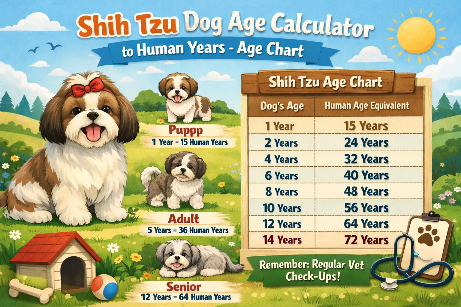 Shih Tzu ownership costs showing a small long-haired Shih Tzu representing grooming, vet care, monthly expenses, and lifetime care costs