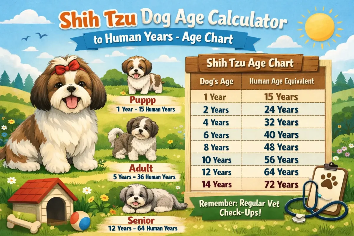 Shih Tzu age chart showing dog years converted to human years with life stages