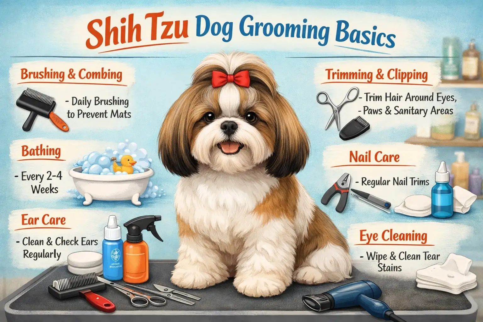 Shih Tzu grooming at home with a long-haired Shih Tzu being gently brushed to prevent mats and keep the coat clean