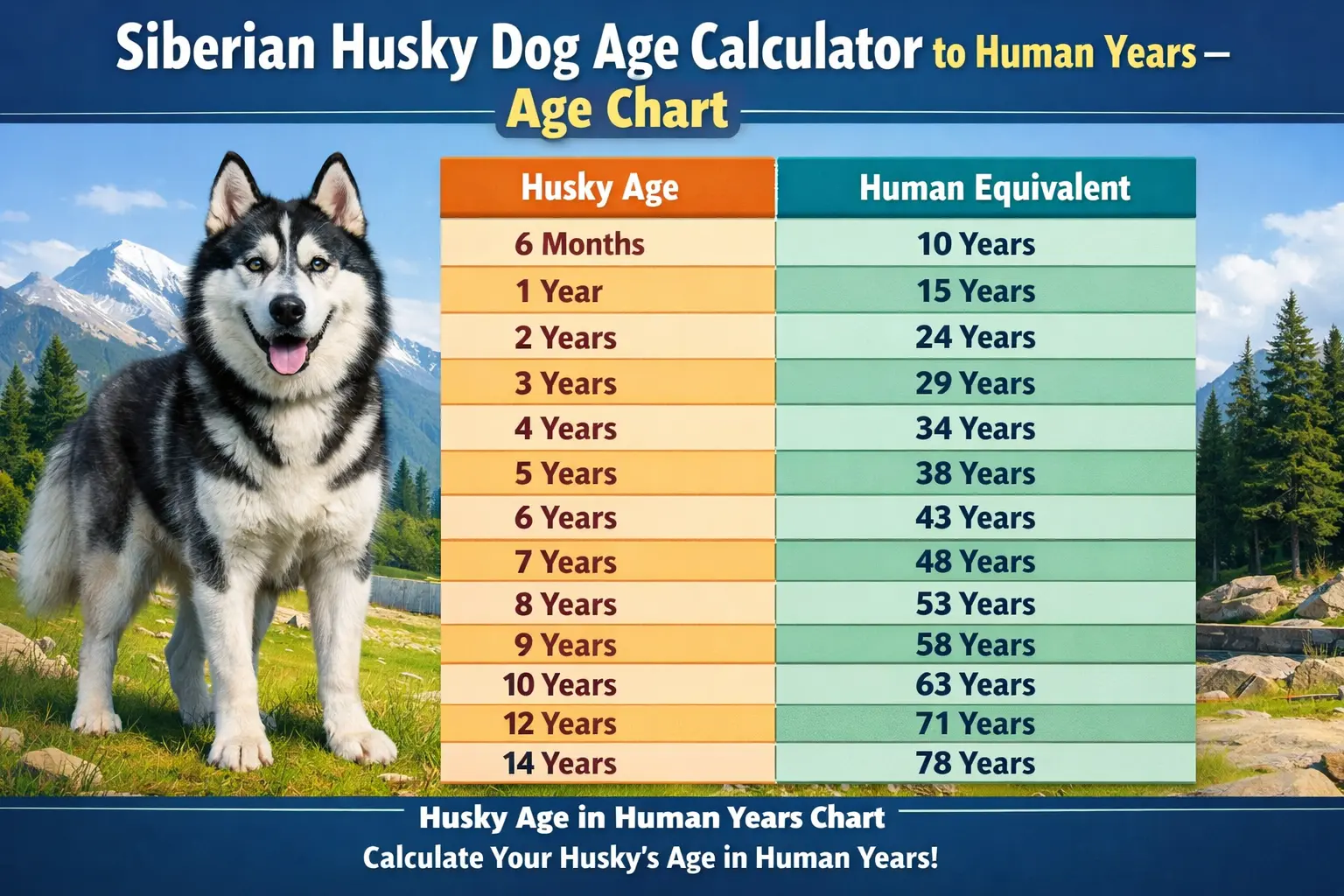 Siberian Husky standing outdoors representing a Husky age chart in human years with puppy adult and senior life stages.