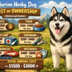Siberian Husky cost of ownership showing monthly, first-year, and lifetime expenses for the breed