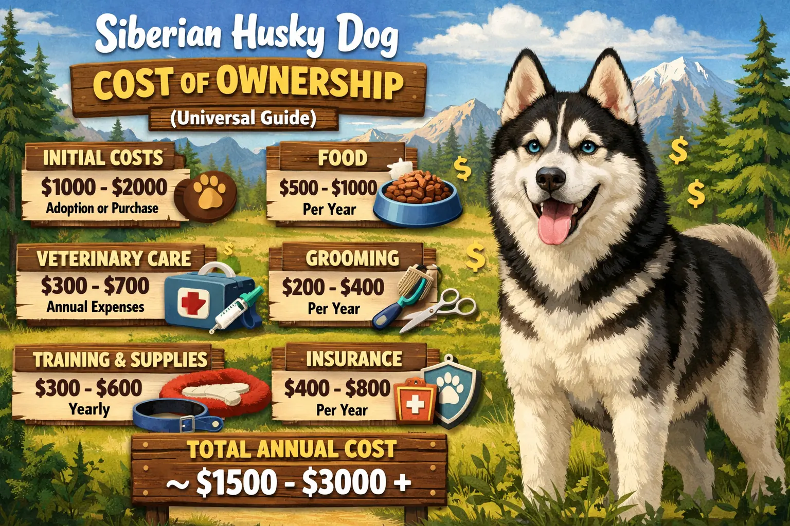 Siberian Husky cost of ownership showing monthly, first-year, and lifetime expenses for the breed