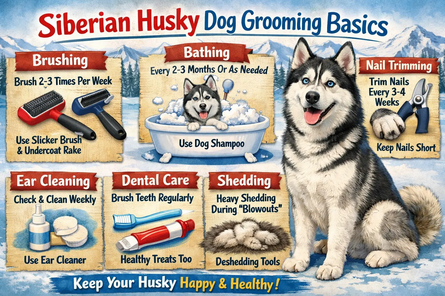 Siberian Husky being brushed during grooming to remove loose undercoat and manage shedding