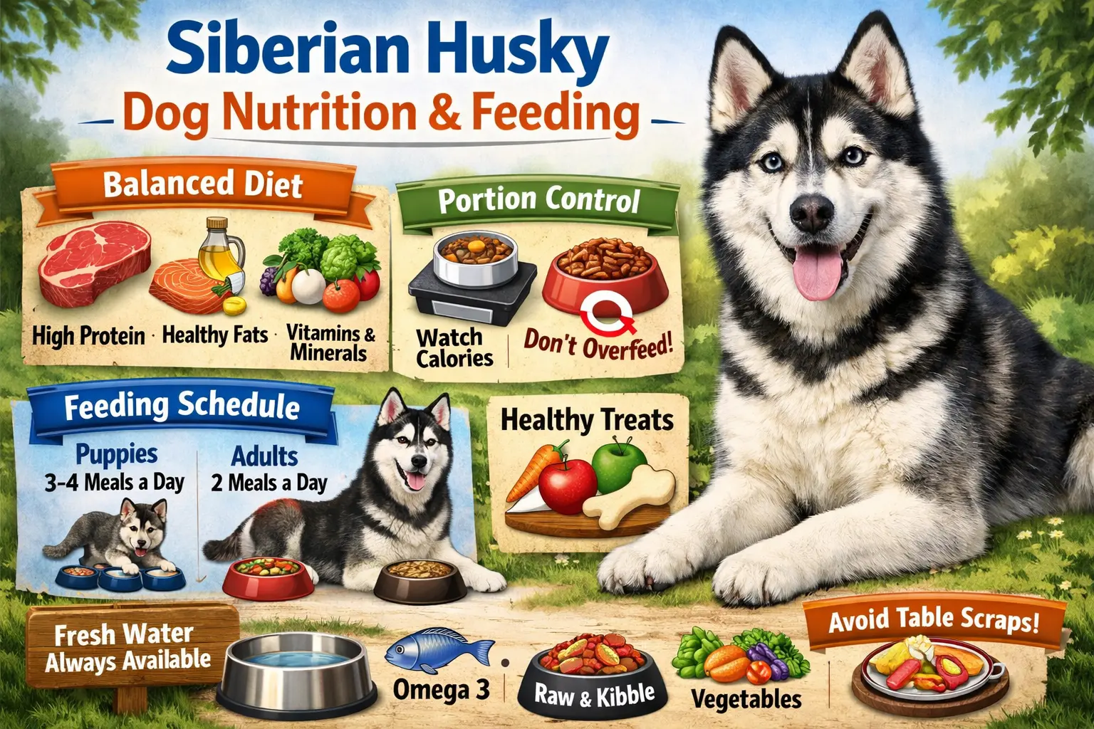 Healthy adult Siberian Husky showing ideal body condition for proper feeding, nutrition, and weight management
