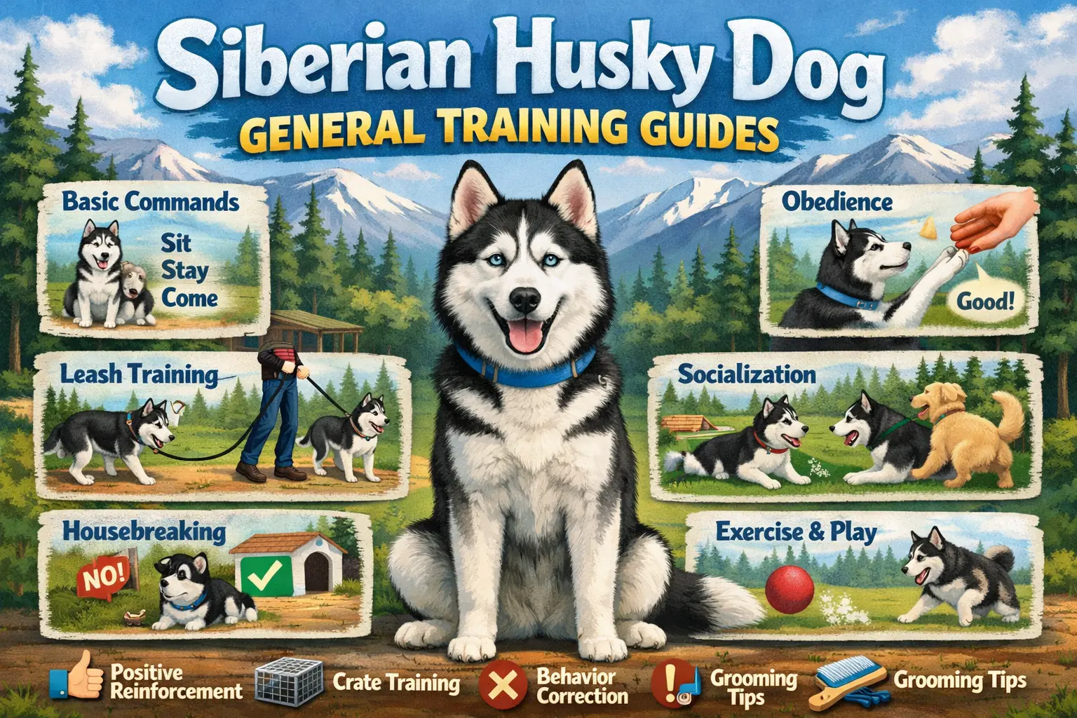 Siberian Husky training session showing a Husky practicing calm obedience and focus with its owner