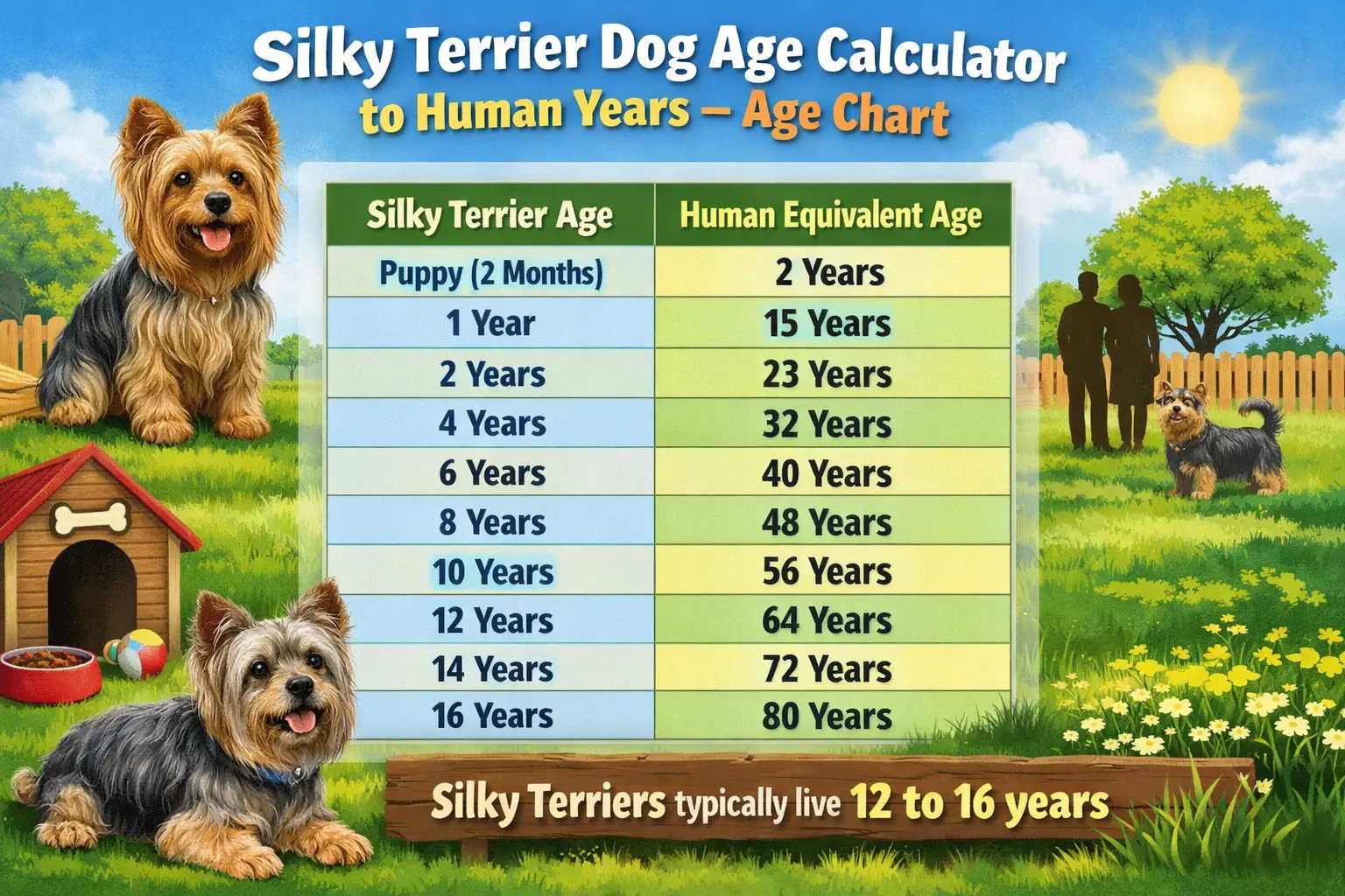 Silky Terrier standing on grass representing a Silky Terrier age chart from dog years to human years