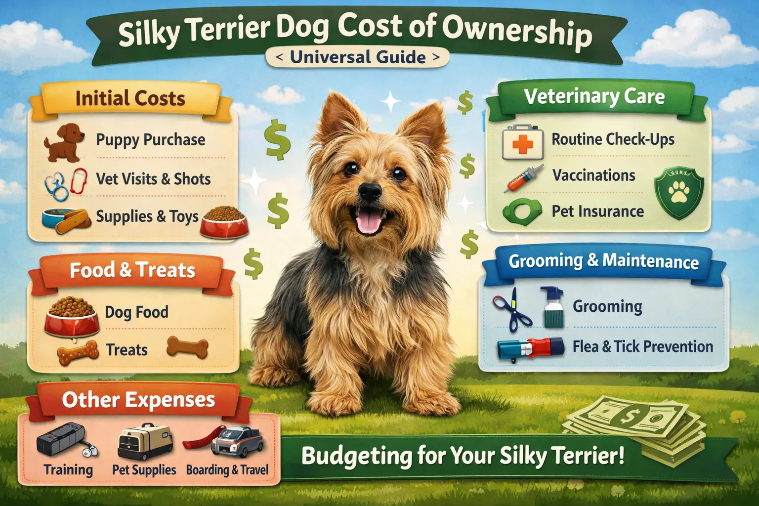 Adult Silky Terrier standing on grass, representing Silky Terrier cost of ownership, grooming expenses, vet care, and lifetime budget planning