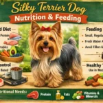 Silky Terrier standing beside a bowl of healthy small-breed dog food for a nutrition and feeding guide