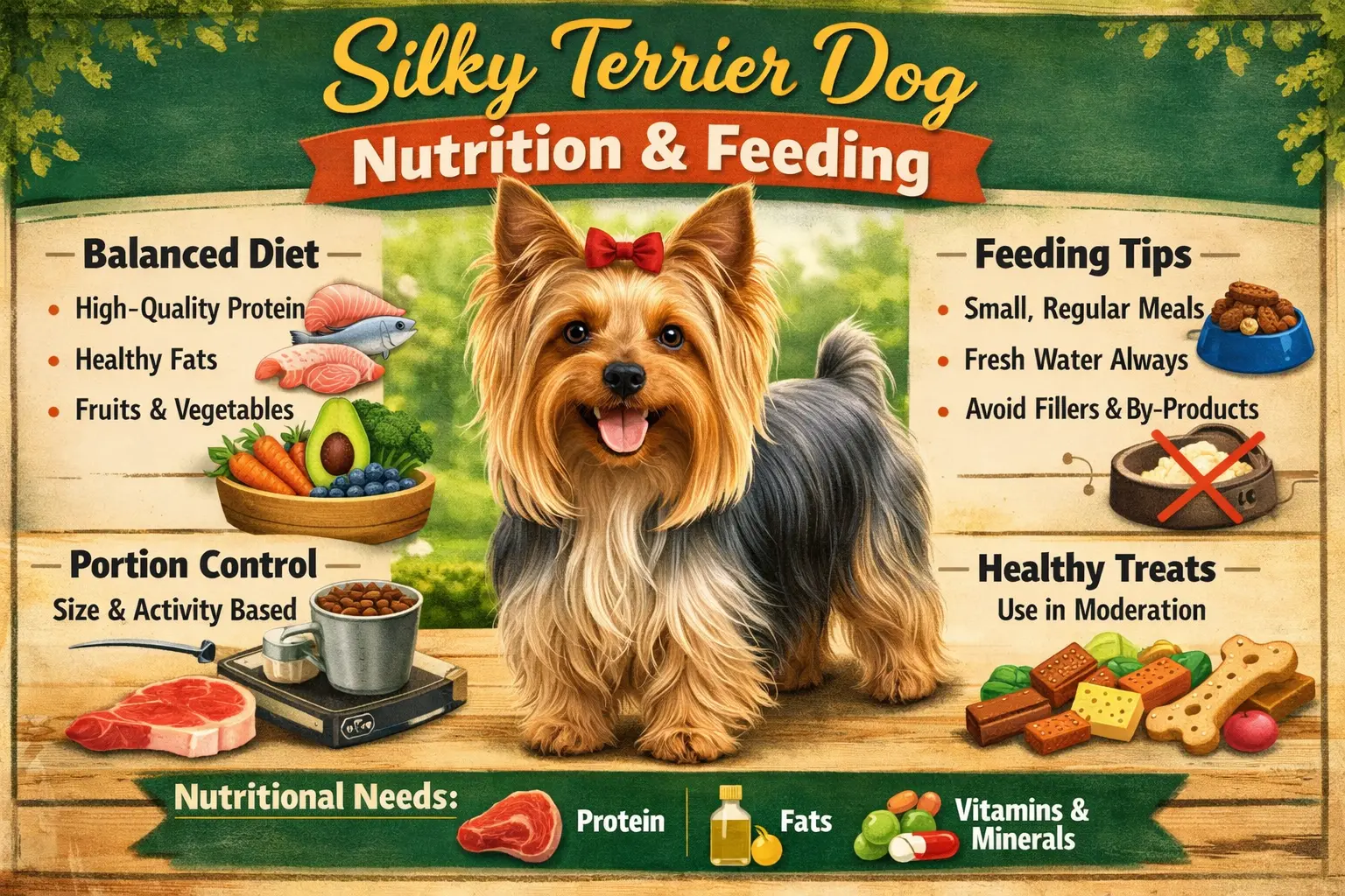 Silky Terrier standing beside a bowl of healthy small-breed dog food for a nutrition and feeding guide
