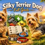 Adult Silky Terrier dog standing outdoors with a silky blue and tan coat, showing small size, alert expression, and terrier appearance