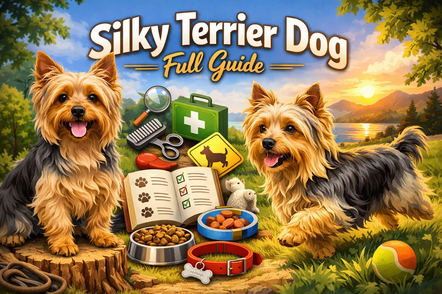 Adult Silky Terrier dog standing outdoors with a silky blue and tan coat, showing small size, alert expression, and terrier appearance