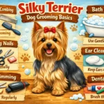 Adult Silky Terrier being gently brushed at home to maintain a healthy silky coat