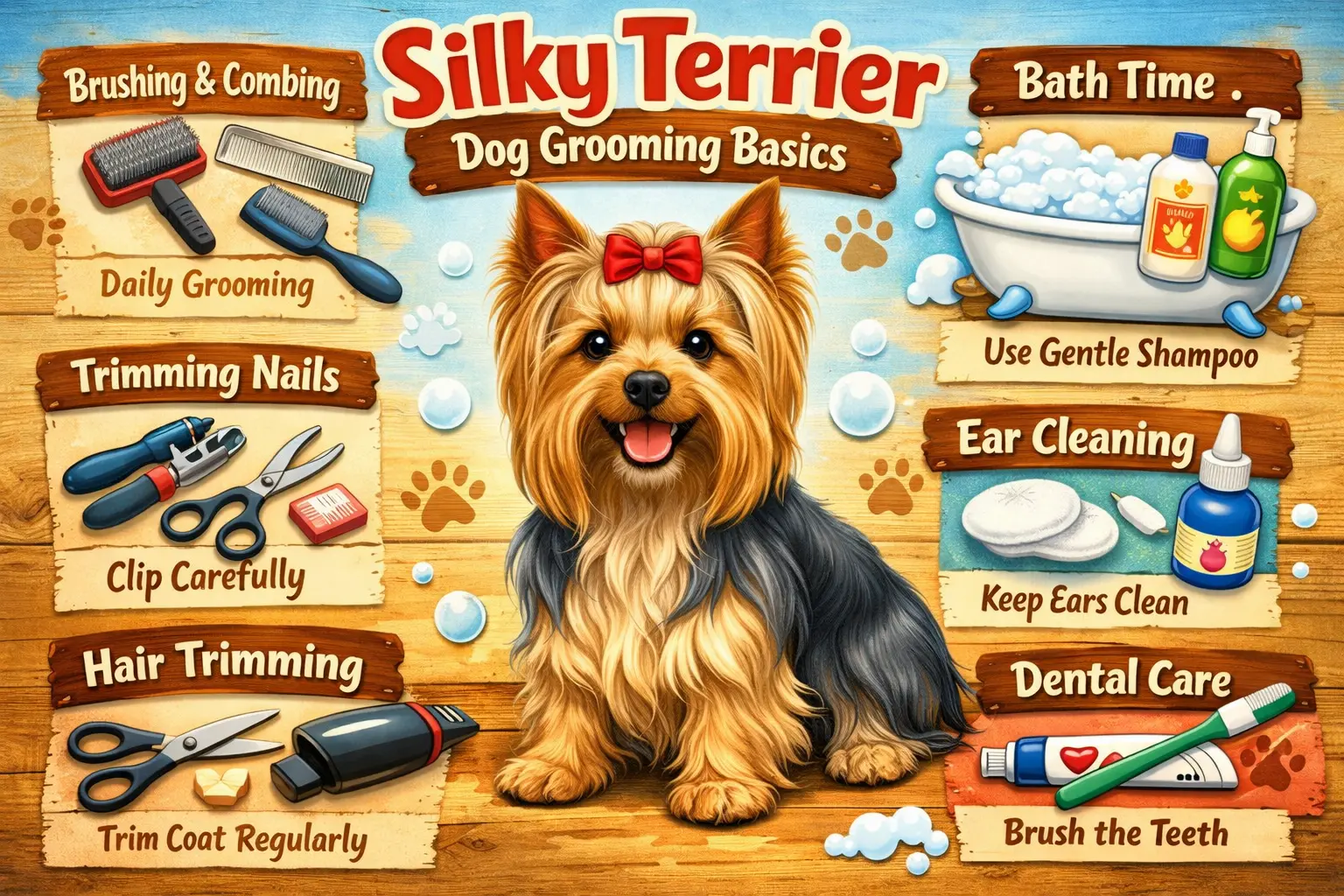 Adult Silky Terrier being gently brushed at home to maintain a healthy silky coat