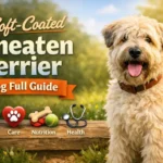 Adult Soft Coated Wheaten Terrier standing outdoors, medium-sized dog with a soft wheaten-colored coat, dark eyes, and a friendly, alert expression