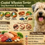 Soft Coated Wheaten Terrier sitting near a food bowl, illustrating healthy feeding habits for an active medium-sized breed