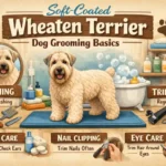 Soft Coated Wheaten Terrier during grooming, highlighting its long, silky single coat and natural wheaten color