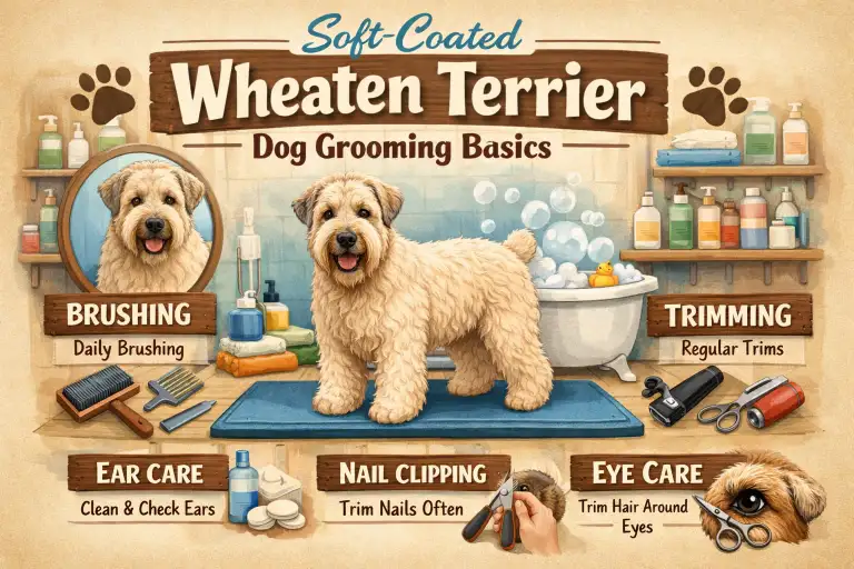 Soft Coated Wheaten Terrier during grooming, highlighting its long, silky single coat and natural wheaten color