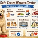 Soft Coated Wheaten Terrier following training commands, showing an intelligent, energetic temperament in a calm outdoor setting